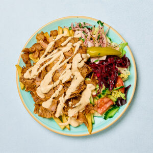 Fläskkebabtallrik med ris