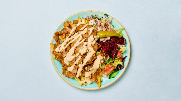 Fläskkebabtallrik med ris